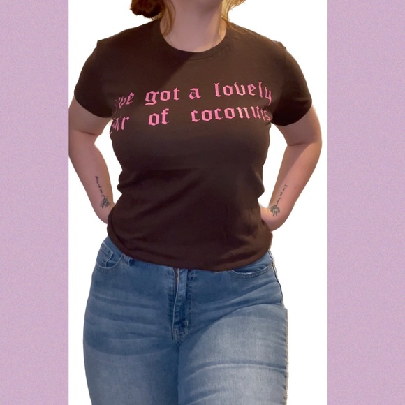 Custom Ironed On Brown T-Shirt with Script, worn only a couple times - Picture 1 of 5